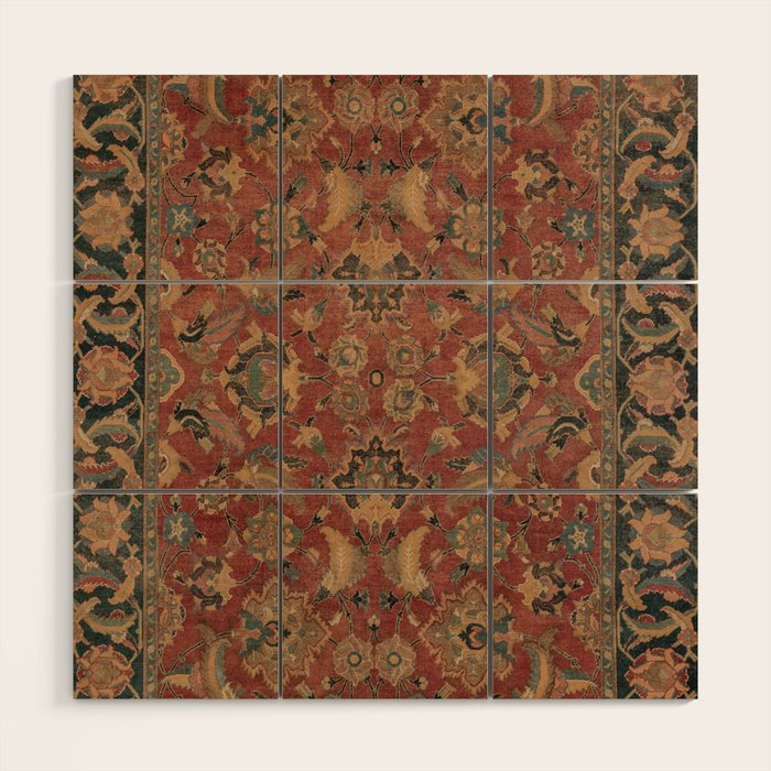 Flowery Boho Rug I // 17th Century Distressed Colorful Red Navy Blue Burlap Tan Ornate Accent Patter Wood Wall Art Gallery Image 1