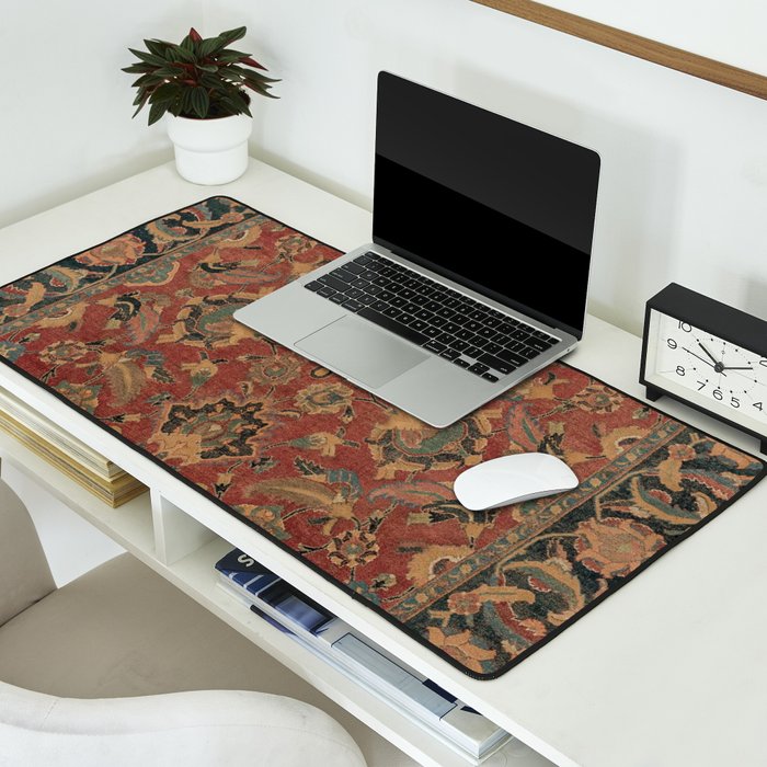 Flowery Boho Rug I // 17th Century Distressed Colorful Red Navy Blue Burlap Tan Ornate Accent Patter Desk Mat Gallery Image 2