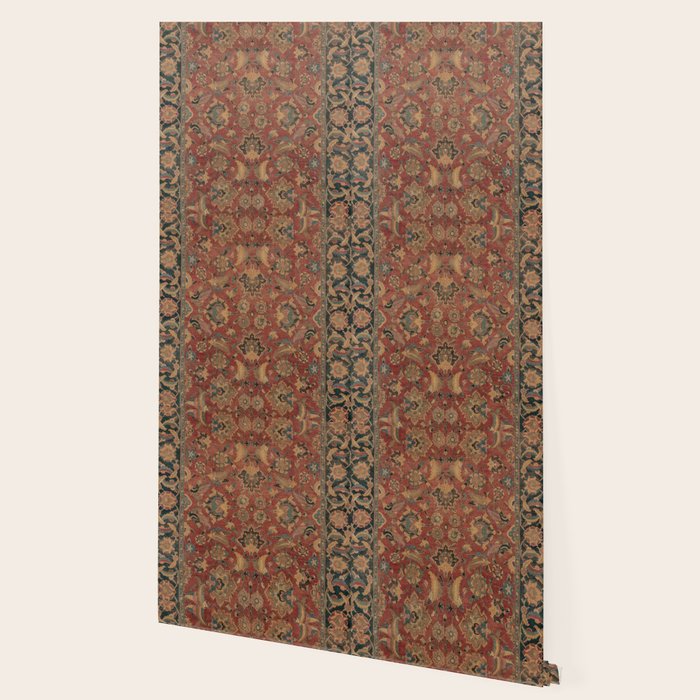 Flowery Boho Rug I // 17th Century Distressed Colorful Red Navy Blue Burlap Tan Ornate Accent Patter Wallpaper Gallery Image 2