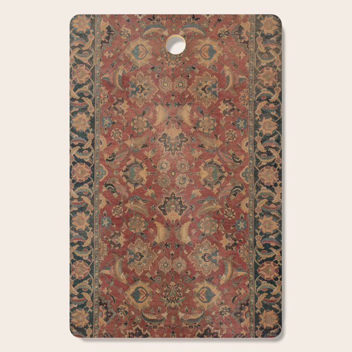 Flowery Boho Rug I // 17th Century Distressed Colorful Red Navy Blue Burlap Tan Ornate Accent Patter Cutting Board Gallery Image 1