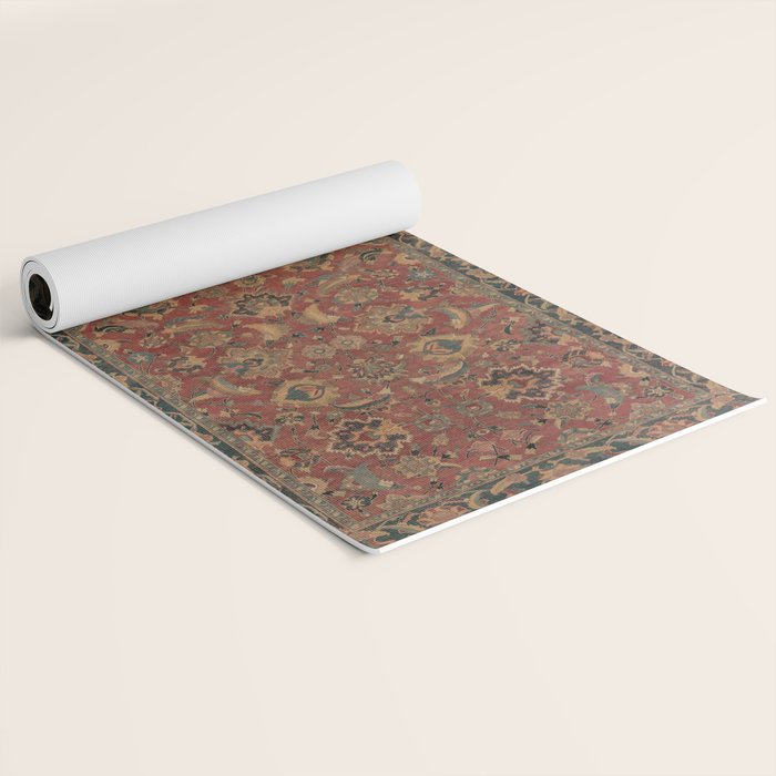 Flowery Boho Rug I // 17th Century Distressed Colorful Red Navy Blue Burlap Tan Ornate Accent Patter Yoga Mat Gallery Image 2