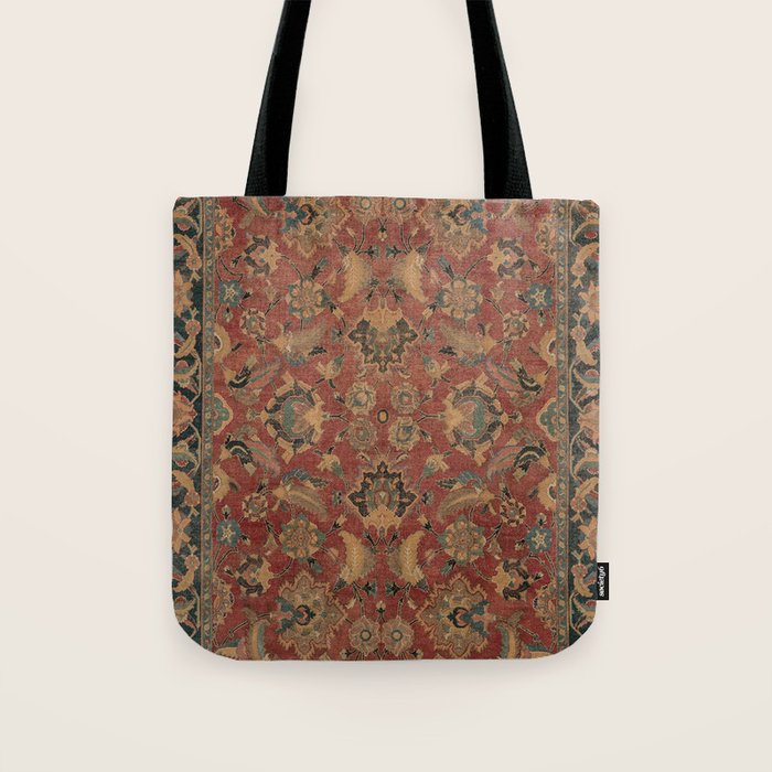 Flowery Boho Rug I // 17th Century Distressed Colorful Red Navy Blue Burlap Tan Ornate Accent Patter Tote Bag Gallery Image 1