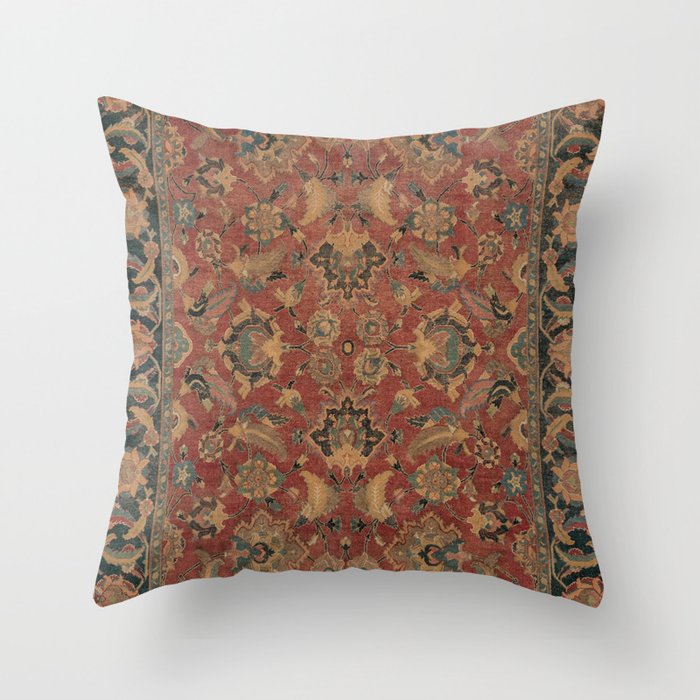 Flowery Boho Rug I // 17th Century Distressed Colorful Red Navy Blue Burlap Tan Ornate Accent Patter Throw Pillow Gallery Image 1