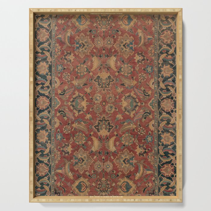 Flowery Boho Rug I // 17th Century Distressed Colorful Red Navy Blue Burlap Tan Ornate Accent Patter Serving Tray Gallery Image 1