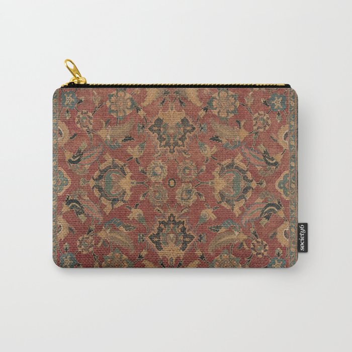 Flowery Boho Rug I // 17th Century Distressed Colorful Red Navy Blue Burlap Tan Ornate Accent Patter Carry All Pouch Gallery Image 1