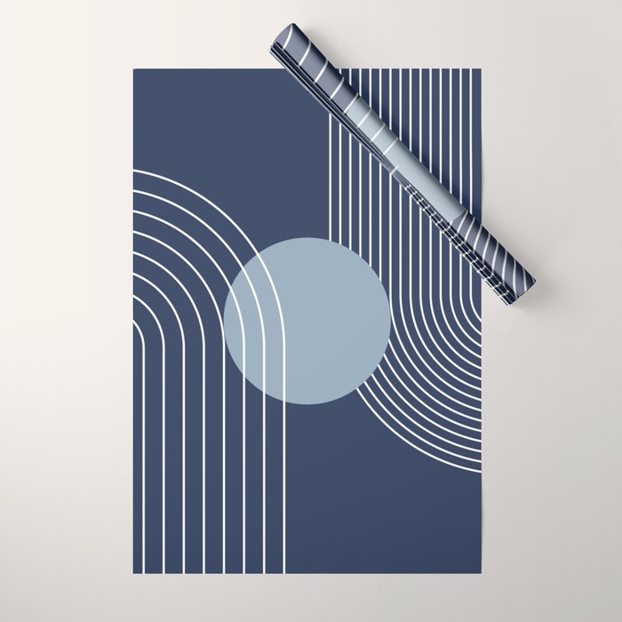 Geometric Lines in night Blue 10 (Rainbow and Sun Abstract) Wrapping Paper Gallery Image 1