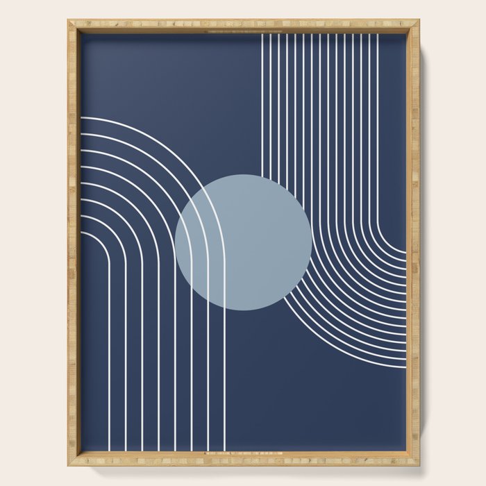 Geometric Lines in night Blue 10 (Rainbow and Sun Abstract) Serving Tray Gallery Image 1