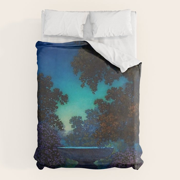 Blue Fountain at Twilight by Maxfield Parrish Duvet Cover Gallery Image 1