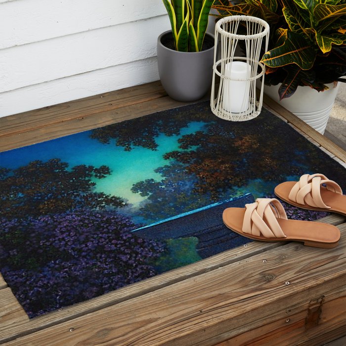 Blue Fountain at Twilight by Maxfield Parrish Outdoor Rug Gallery Image 2