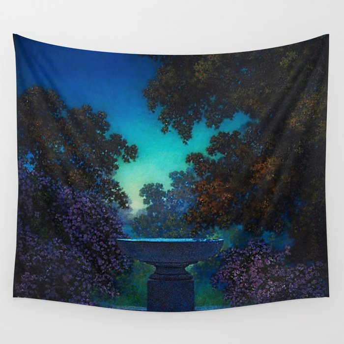 Blue Fountain at Twilight by Maxfield Parrish Wall Tapestry Gallery Image 1