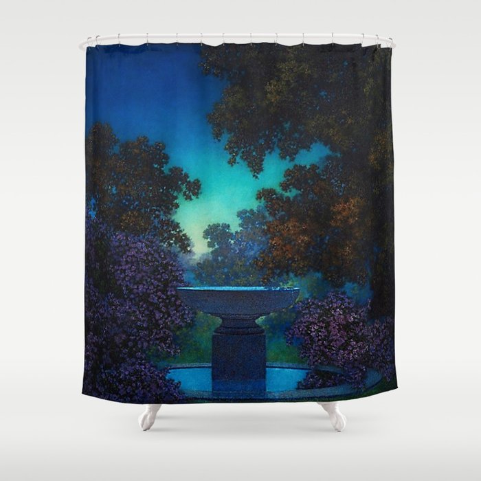Blue Fountain at Twilight by Maxfield Parrish Shower Curtain Gallery Image 1