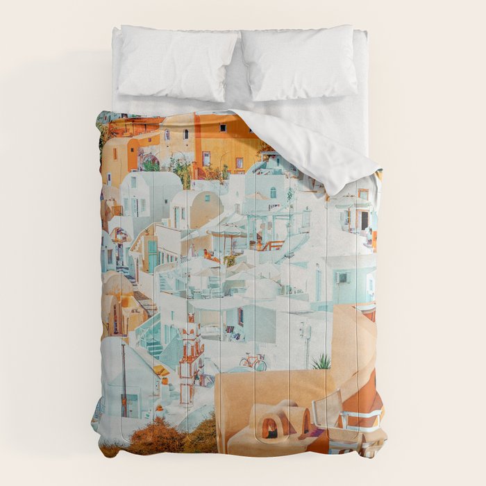 Santorini Vacay | Greece Summer Travel Architecture Buildings | Pastel Beachy Cityscape Photography Comforter Gallery Image 1