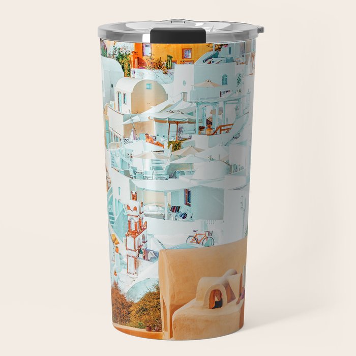Santorini Vacay | Greece Summer Travel Architecture Buildings | Pastel Beachy Cityscape Photography Travel Mug Gallery Image 1