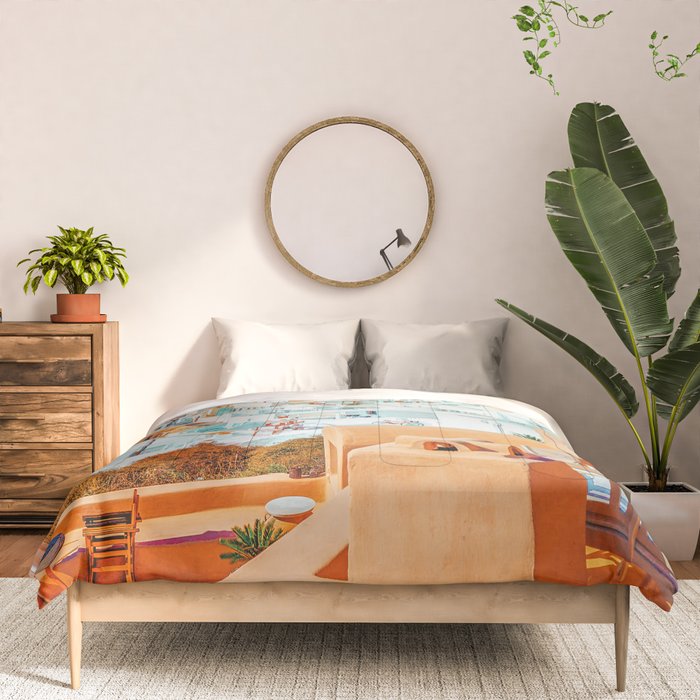 Santorini Vacay | Greece Summer Travel Architecture Buildings | Pastel Beachy Cityscape Photography Comforter Gallery Image 3