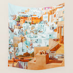 Santorini Vacay | Greece Summer Travel Architecture Buildings | Pastel Beachy Cityscape Photography Wall Tapestry Gallery Image 4