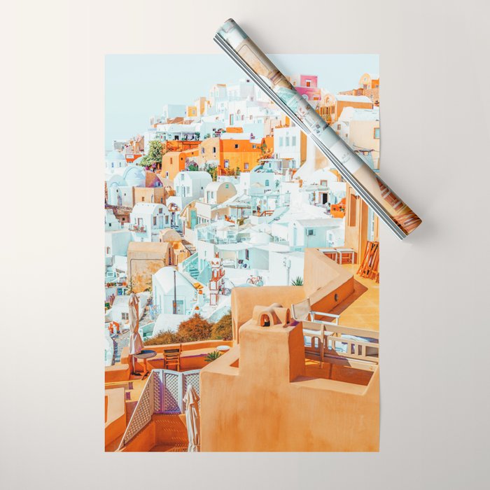 Santorini Vacay | Greece Summer Travel Architecture Buildings | Pastel Beachy Cityscape Photography Wrapping Paper Gallery Image 1