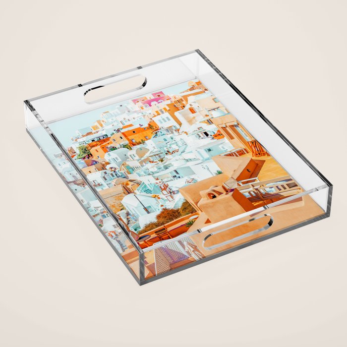 Santorini Vacay | Greece Summer Travel Architecture Buildings | Pastel Beachy Cityscape Photography Acrylic Tray Gallery Image 1