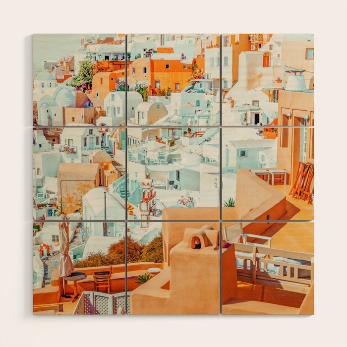Santorini Vacay | Greece Summer Travel Architecture Buildings | Pastel Beachy Cityscape Photography Wood Wall Art Gallery Image 1