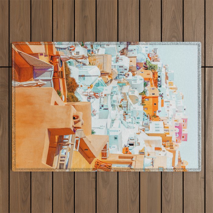 Santorini Vacay | Greece Summer Travel Architecture Buildings | Pastel Beachy Cityscape Photography Outdoor Rug Gallery Image 1