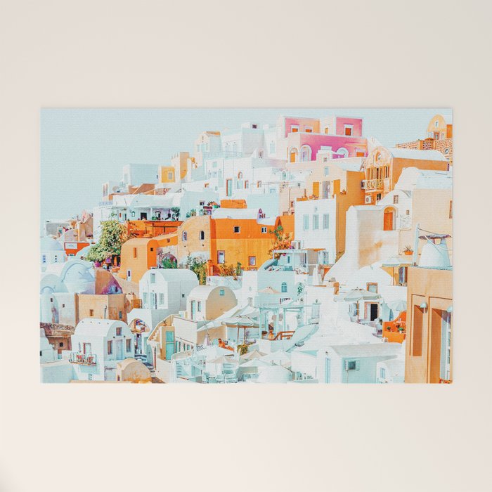 Santorini Vacay | Greece Summer Travel Architecture Buildings | Pastel Beachy Cityscape Photography Welcome Mat Gallery Image 1