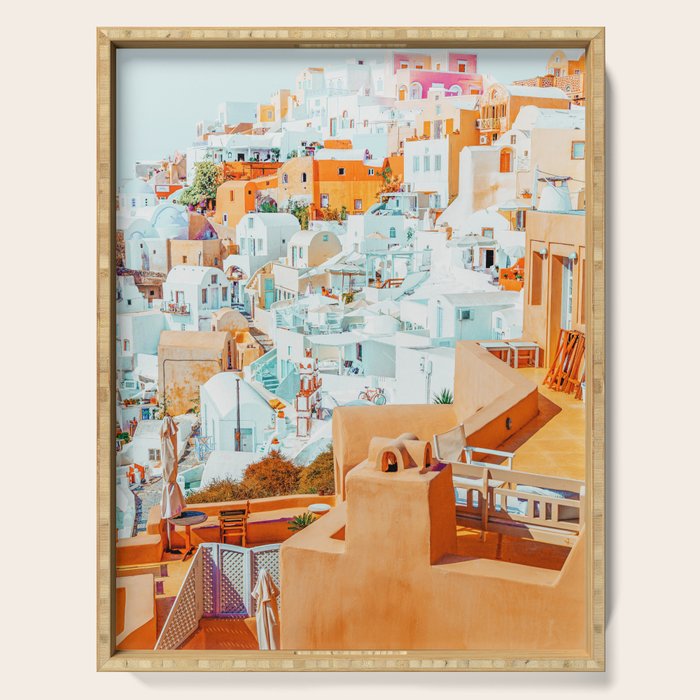 Santorini Vacay | Greece Summer Travel Architecture Buildings | Pastel Beachy Cityscape Photography Serving Tray Gallery Image 1