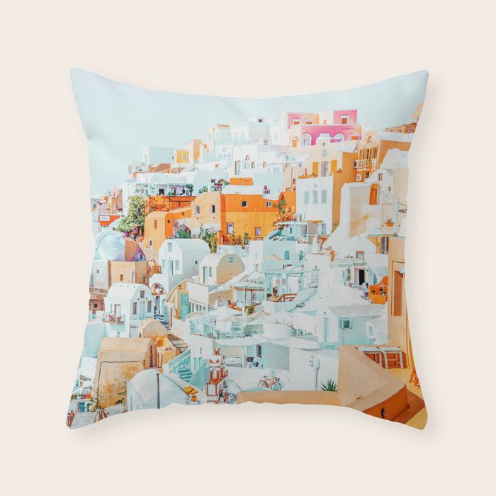 Santorini Vacay | Greece Summer Travel Architecture Buildings | Pastel Beachy Cityscape Photography Throw Pillow Gallery Image 1