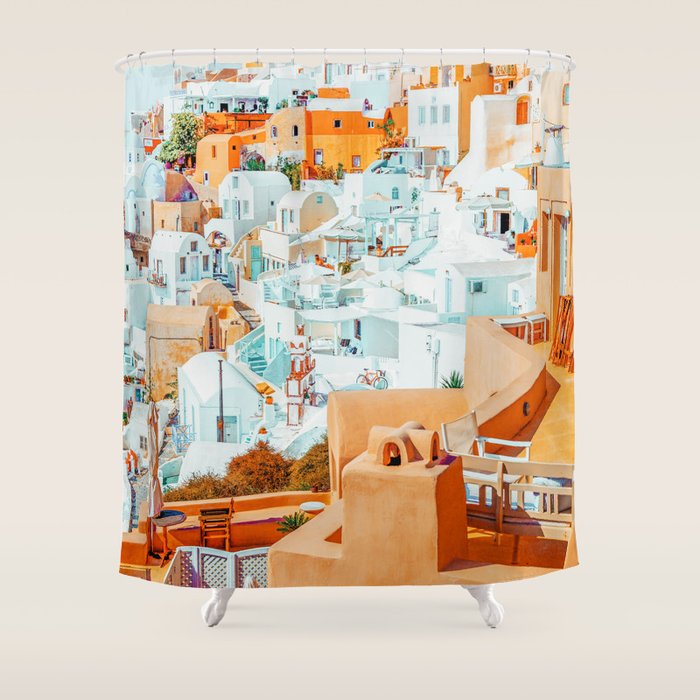Santorini Vacay | Greece Summer Travel Architecture Buildings | Pastel Beachy Cityscape Photography Shower Curtain Gallery Image 1
