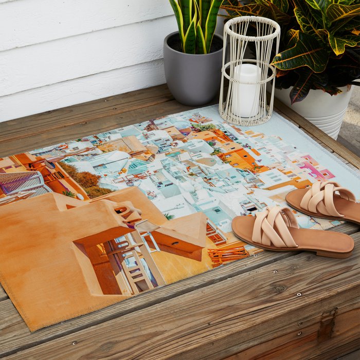 Santorini Vacay | Greece Summer Travel Architecture Buildings | Pastel Beachy Cityscape Photography Outdoor Rug Gallery Image 2