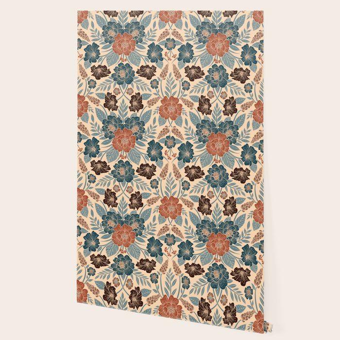 Fall Floral Pattern in Blue, Brown & Rust Wallpaper Gallery Image 2