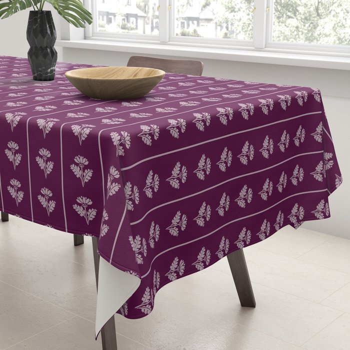 Jewel Tone Vintage Cottage Flowers and Stripes Pattern in Plum Aubergine Tablecloth Gallery Image 3
