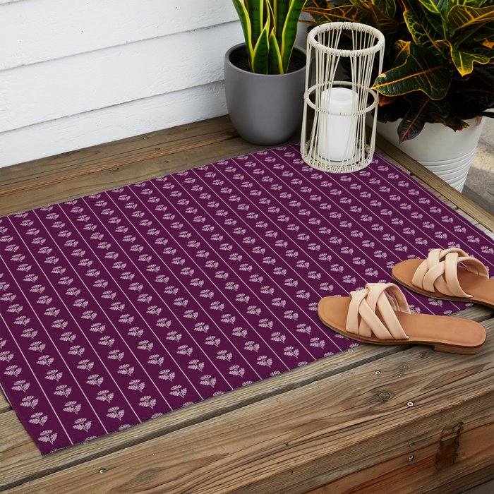 Jewel Tone Vintage Cottage Flowers and Stripes Pattern in Plum Aubergine Outdoor Rug Gallery Image 2