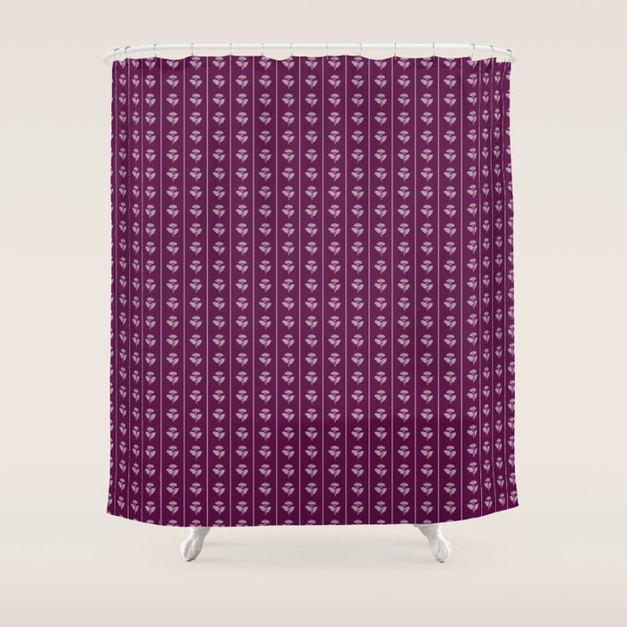 Jewel Tone Vintage Cottage Flowers and Stripes Pattern in Plum Aubergine Shower Curtain Gallery Image 1