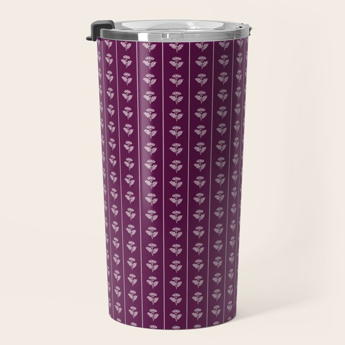Jewel Tone Vintage Cottage Flowers and Stripes Pattern in Plum Aubergine Travel Mug Gallery Image 3