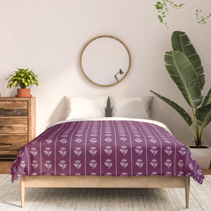 Jewel Tone Vintage Cottage Flowers and Stripes Pattern in Plum Aubergine Comforter Gallery Image 3