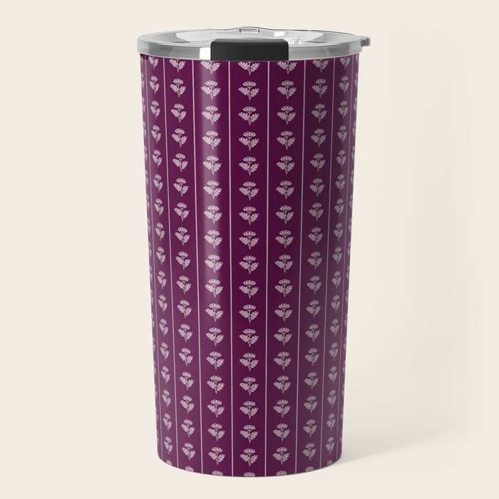 Jewel Tone Vintage Cottage Flowers and Stripes Pattern in Plum Aubergine Travel Mug Gallery Image 1