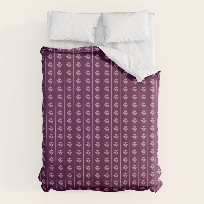 Jewel Tone Vintage Cottage Flowers and Stripes Pattern in Plum Aubergine Duvet Cover Gallery Image 6