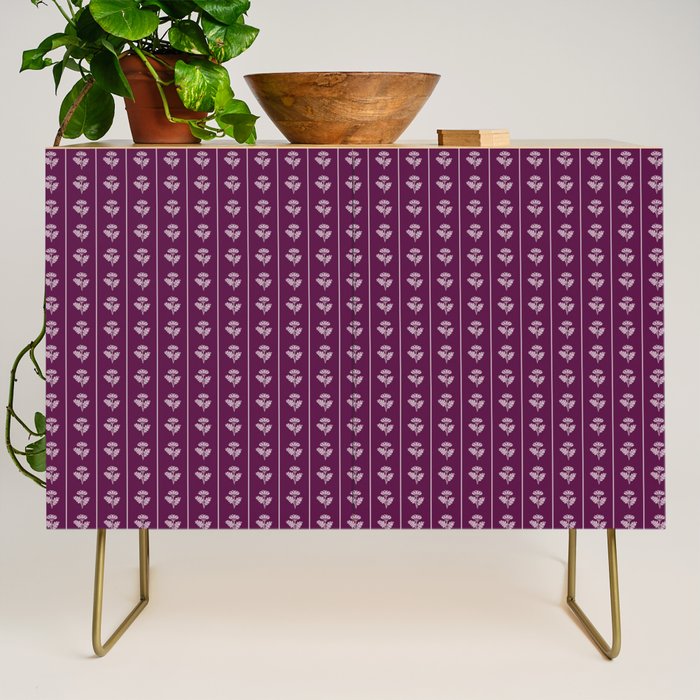 Jewel Tone Vintage Cottage Flowers and Stripes Pattern in Plum Aubergine Credenza Gallery Image 1