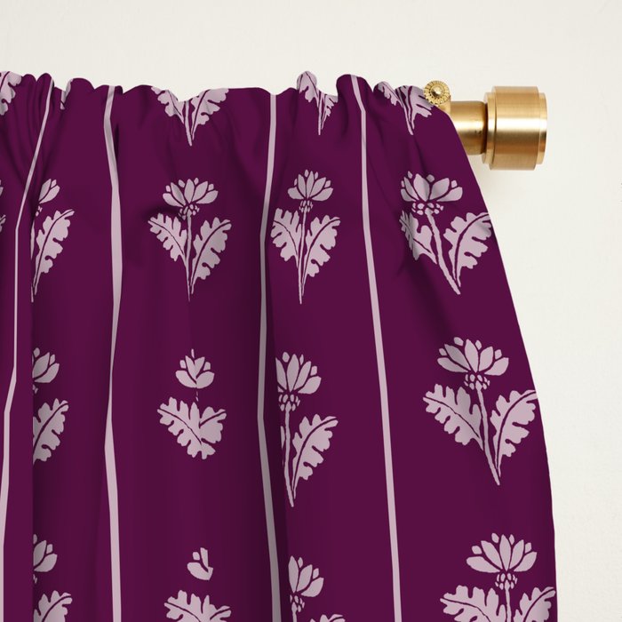 Jewel Tone Vintage Cottage Flowers and Stripes Pattern in Plum Aubergine Window Curtain Gallery Image 2