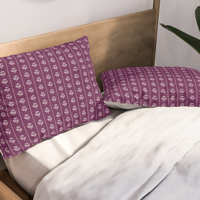 Jewel Tone Vintage Cottage Flowers and Stripes Pattern in Plum Aubergine Pillow Sham Gallery Image 2