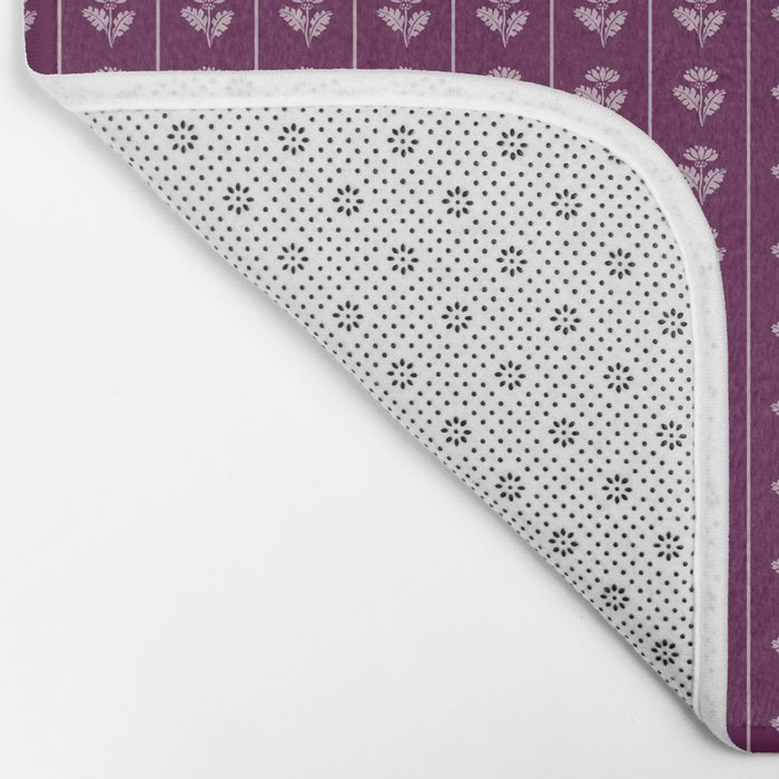Jewel Tone Vintage Cottage Flowers and Stripes Pattern in Plum Aubergine Bath Mat Gallery Image 2