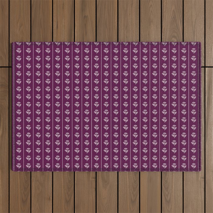 Jewel Tone Vintage Cottage Flowers and Stripes Pattern in Plum Aubergine Outdoor Rug Gallery Image 1