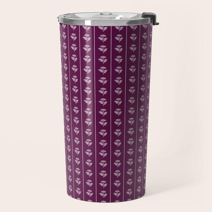 Jewel Tone Vintage Cottage Flowers and Stripes Pattern in Plum Aubergine Travel Mug Gallery Image 2