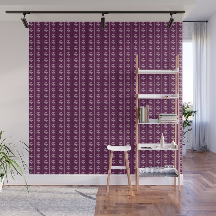 Jewel Tone Vintage Cottage Flowers and Stripes Pattern in Plum Aubergine Wall Mural Gallery Image 1