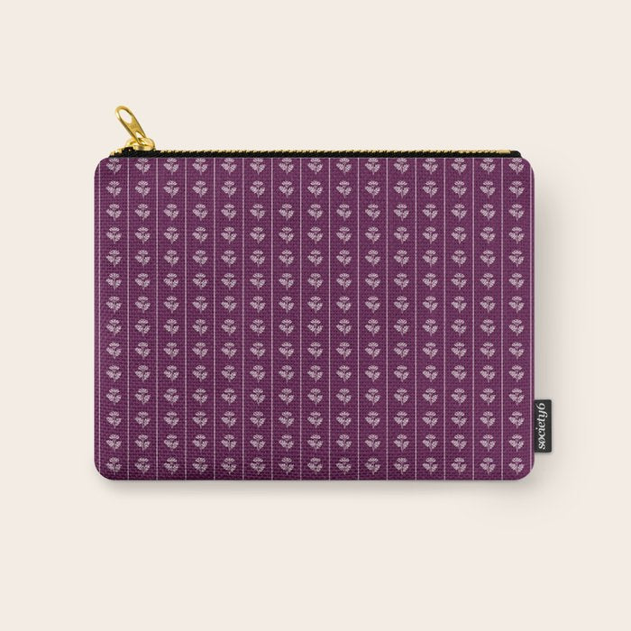 Jewel Tone Vintage Cottage Flowers and Stripes Pattern in Plum Aubergine Carry All Pouch Gallery Image 1