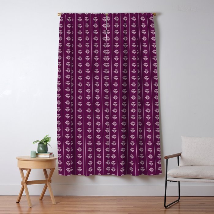 Jewel Tone Vintage Cottage Flowers and Stripes Pattern in Plum Aubergine Window Curtain Gallery Image 1