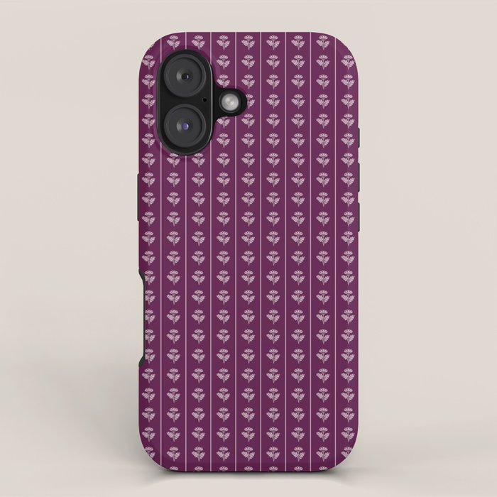 Jewel Tone Vintage Cottage Flowers and Stripes Pattern in Plum Aubergine iPhone Case Gallery Image 1