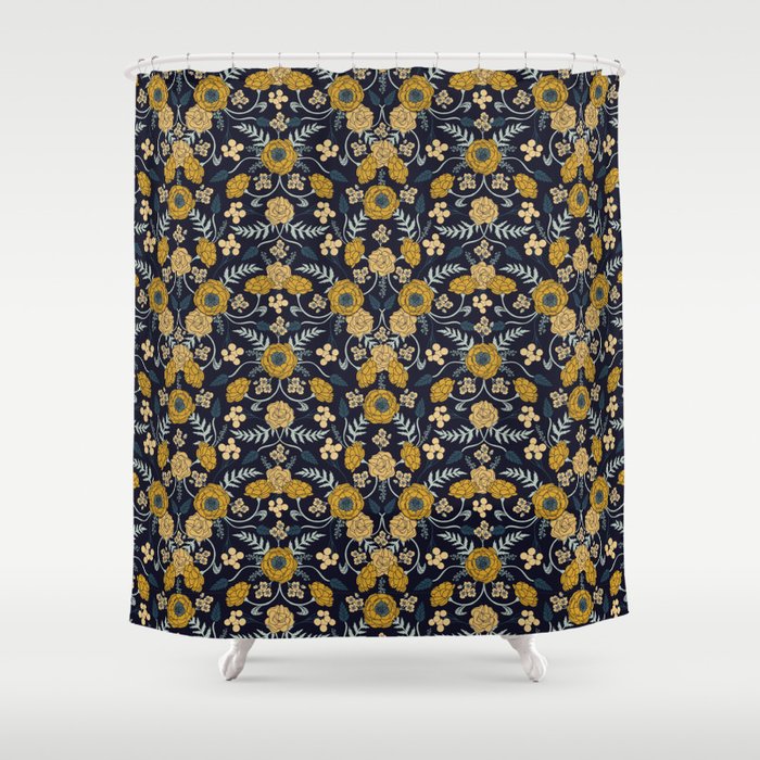 Navy Blue, Turquoise, Cream & Mustard Yellow Dark Floral Pattern Shower Curtain Gallery Image 1