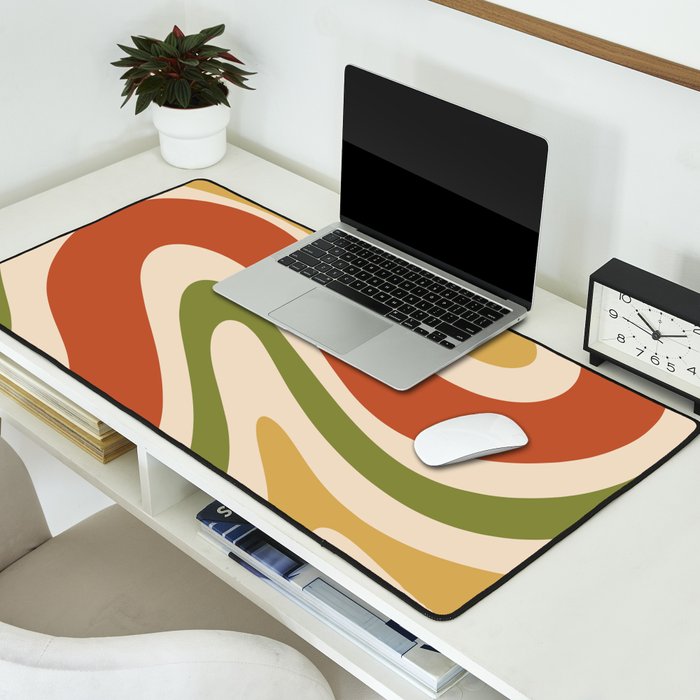 Retro 70s Swirls Abstract Pattern Burnt Orange Olive Mustard Beige Desk Mat Gallery Image 2