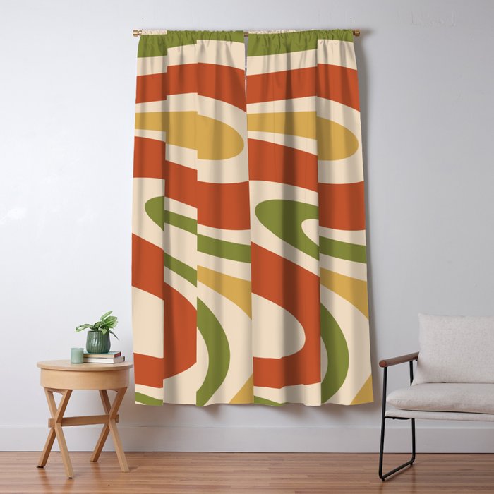 Retro 70s Swirls Abstract Pattern Burnt Orange Olive Mustard Beige Window Curtain Gallery Image 5