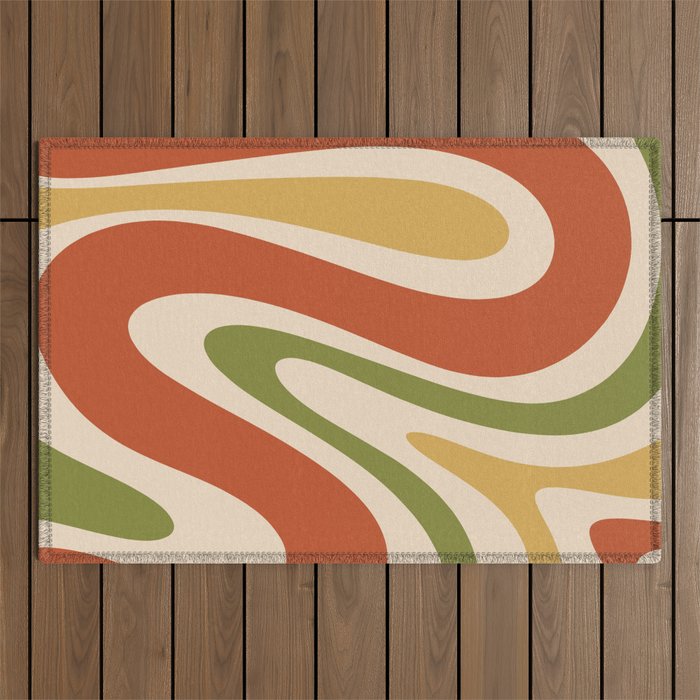 Retro 70s Swirls Abstract Pattern Burnt Orange Olive Mustard Beige Outdoor Rug Gallery Image 1